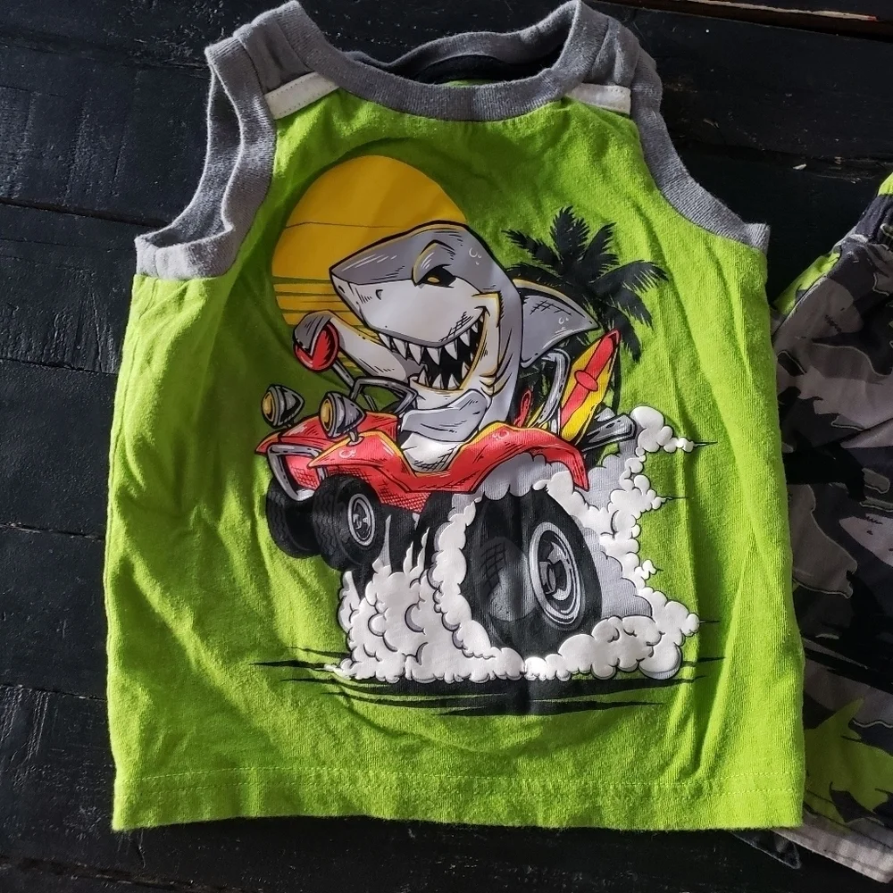 Healthex Baby Boy 24 Months Two Piece Outfit Set Green Grey Sharks Tank Shorts